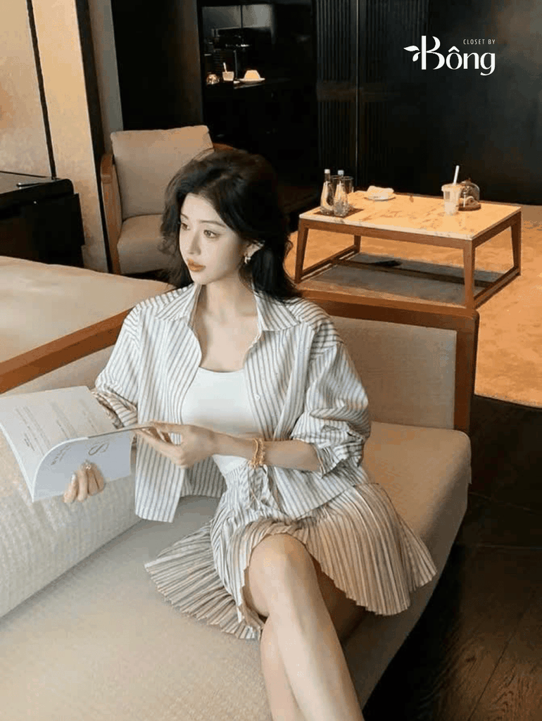 Chân váy Sandro bling hồng xếp ly (tách set)
