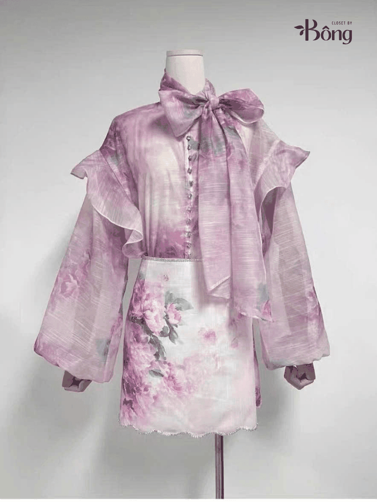 Chân váy mini Zimmermann hoạ tiết hoa hồng viền đá (tách set)