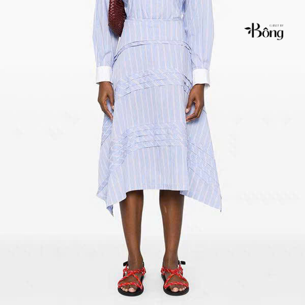 Chân váy midi Maje kẻ trắng xanh xếp tầng