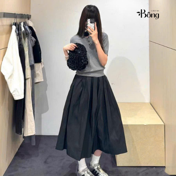 Chân váy midi COS đen dư xịn túi 2 bên
