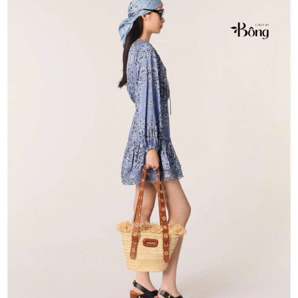 Váy maxi Maje lụa phối cotton xanh đen phối hoạ tiết