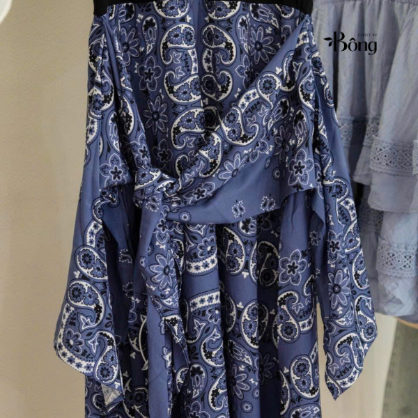 Váy maxi Maje lụa phối cotton xanh đen phối hoạ tiết