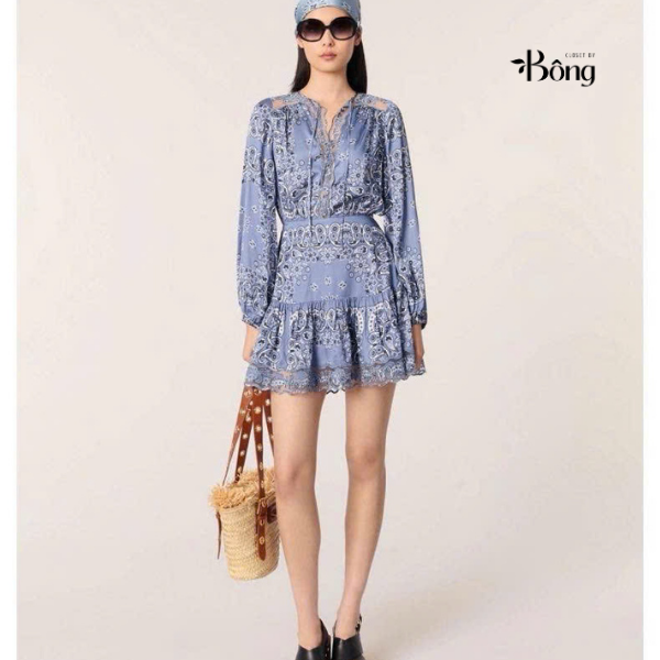 Váy maxi Maje lụa phối cotton xanh đen phối hoạ tiết