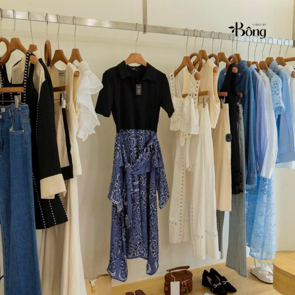 Váy maxi Maje lụa phối cotton xanh đen phối hoạ tiết