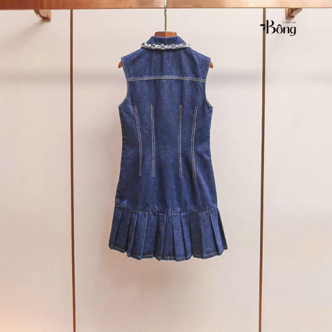 Váy Sel-Portrait denim cổ bẻ viền đá sát nách