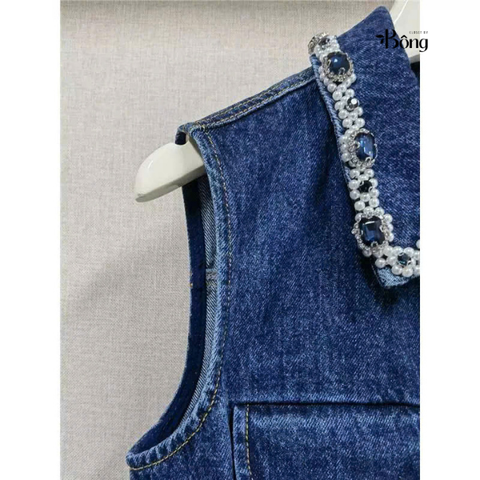 Váy Sel-Portrait denim cổ bẻ viền đá sát nách