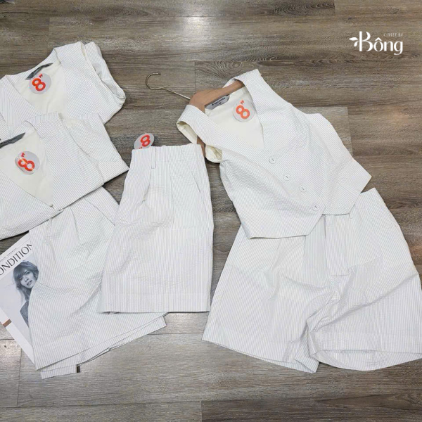 Set Áo gile kẻ + short đũi  8 seconds khuy bọc