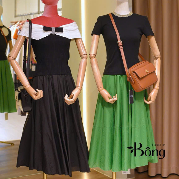 Chân váy midi COS xoè 2 màu chất poly