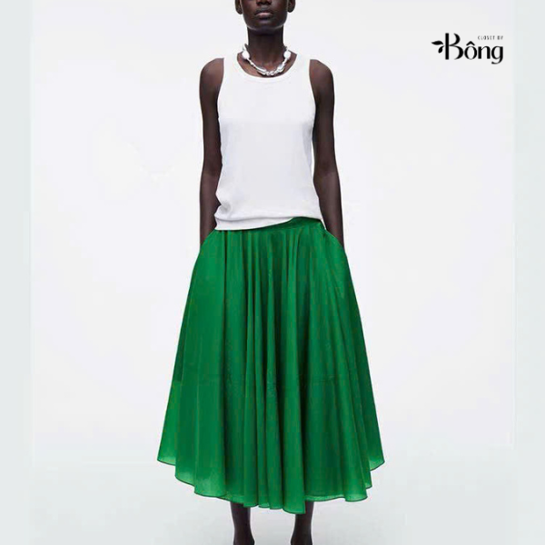 Chân váy midi COS xoè 2 màu chất poly