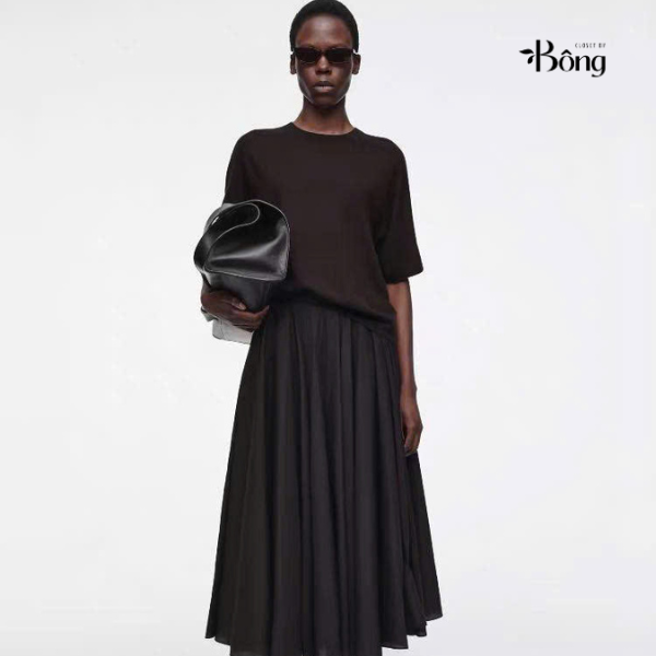 Chân váy midi COS xoè 2 màu chất poly