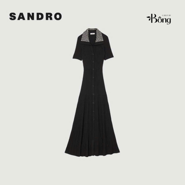 Váy Sandro màu đen maxi cổ đính cườm