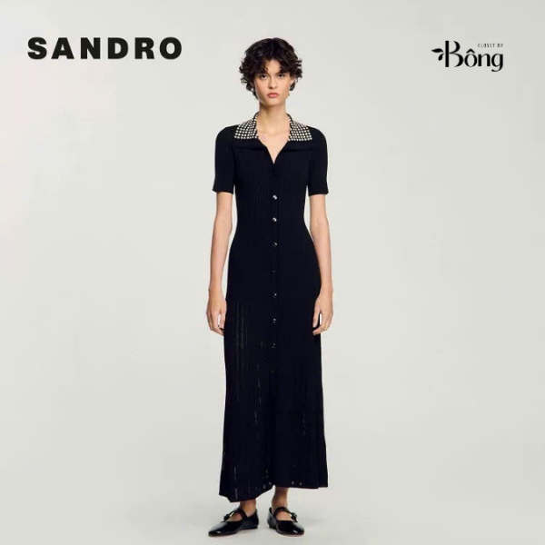 Váy Sandro màu đen maxi cổ đính cườm