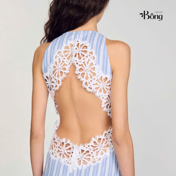 Đầm maxi kẻ sọc phối ren