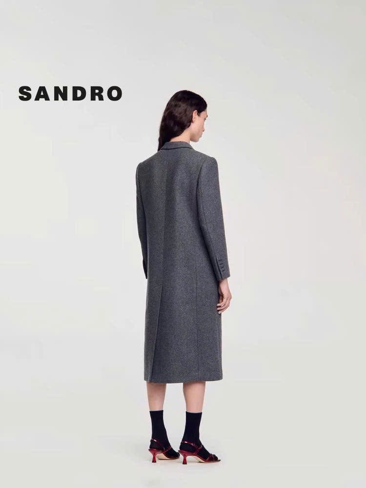 Longcoat dạ Sandro màu lông chuột cổ bẻ