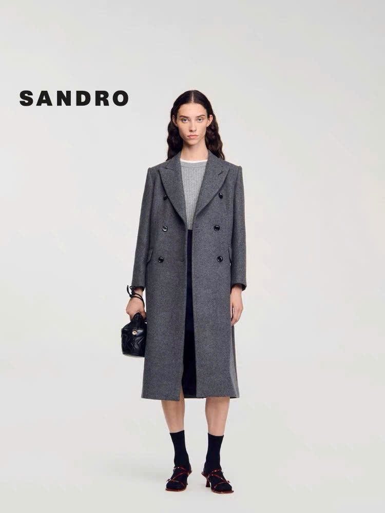 Longcoat dạ Sandro màu lông chuột cổ bẻ