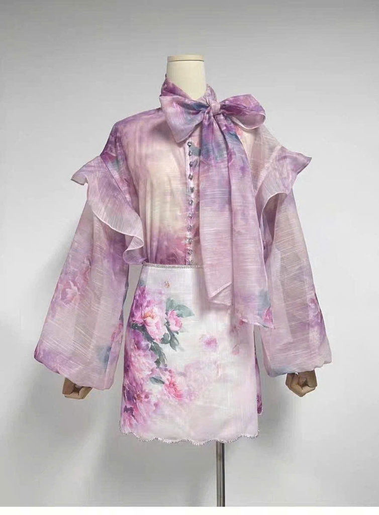 Áo lụa Zimmermann hoạ tiết hoa hồng dây nơ dài (tách set)