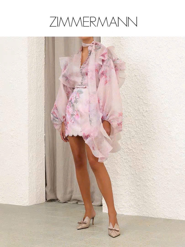 Chân váy mini Zimmermann hoạ tiết hoa hồng viền đá (tách set)