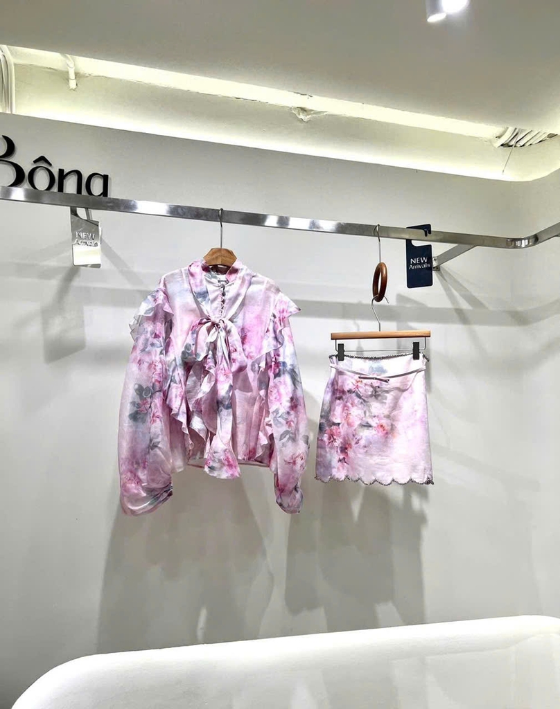 Áo lụa Zimmermann hoạ tiết hoa hồng dây nơ dài (tách set)