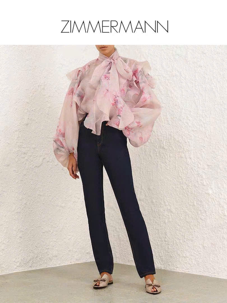 Áo lụa Zimmermann hoạ tiết hoa hồng dây nơ dài (tách set)