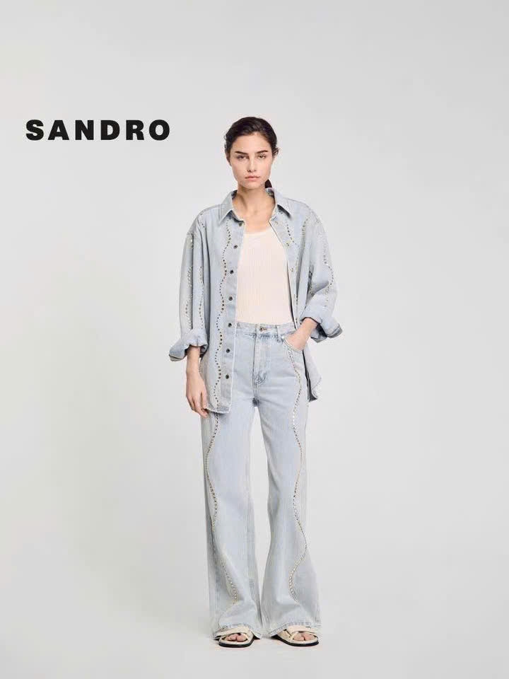 Quần denim Sandro suông bling đá lượn sóng (3pcs tách set)