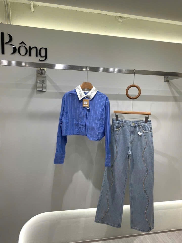 Quần denim Sandro suông bling đá lượn sóng (3pcs tách set)