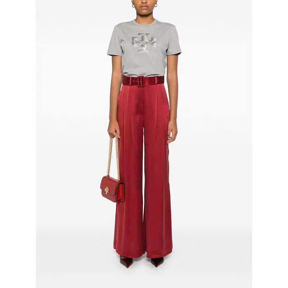 Tshirt Tory Burch màu rêu cổ tròn hoạ tiết