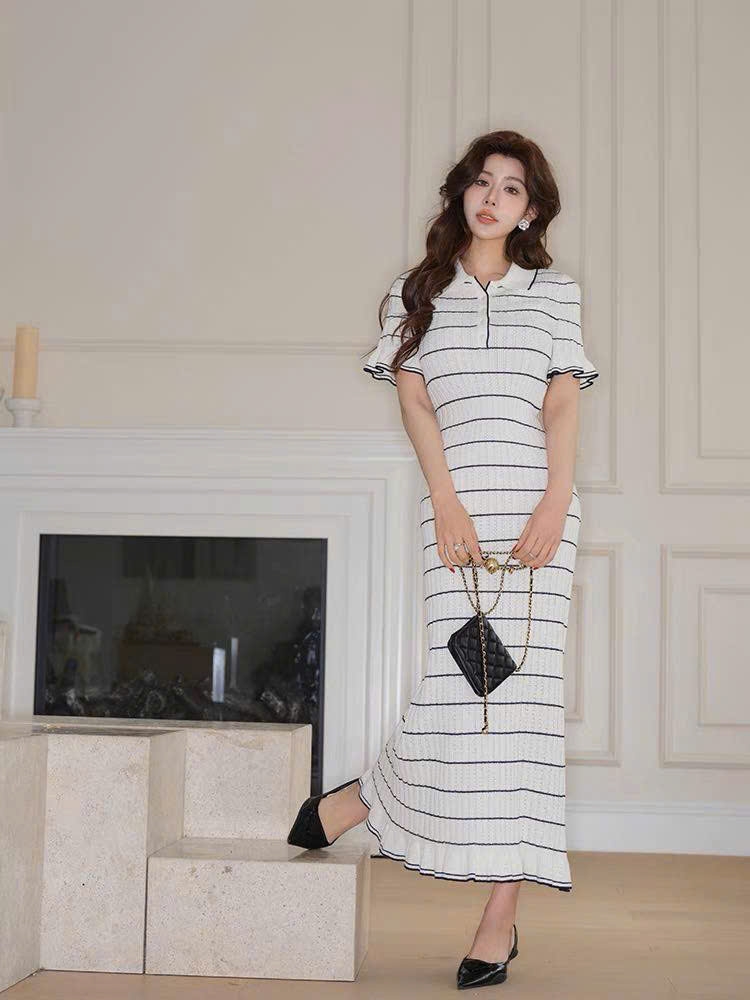Đầm maxi dệt kim cổ polo