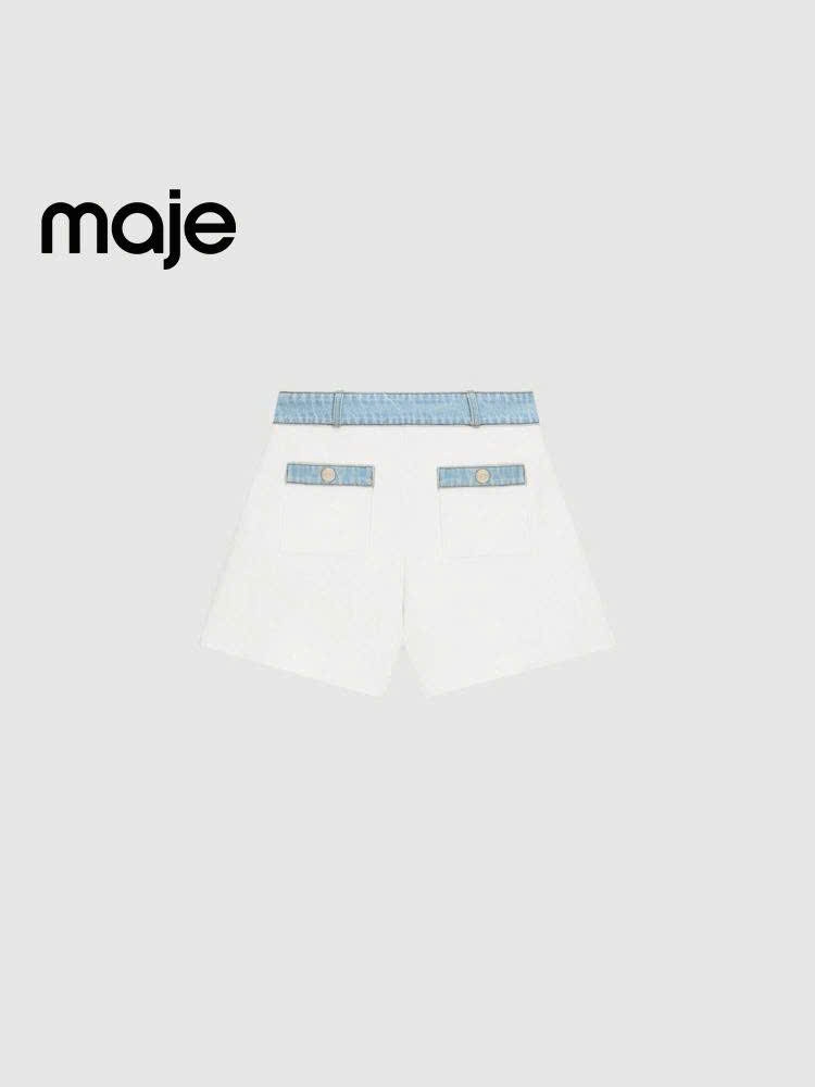 Quần short dệt kim phối viền denim