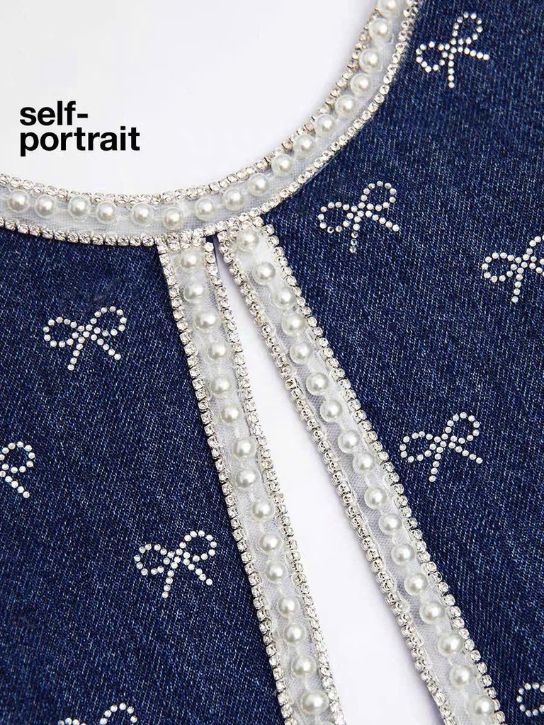 Váy denim Sel-Portrait sát nách đính hạt nơ dáng ngắn