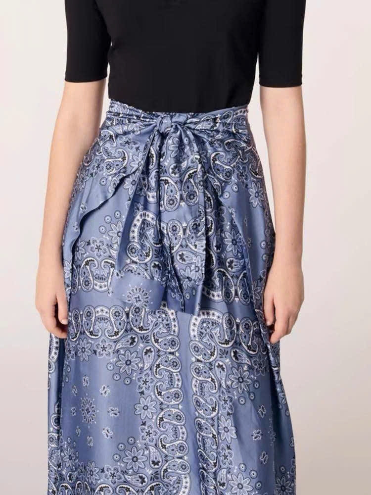 Váy maxi Maje lụa phối cotton xanh đen phối hoạ tiết