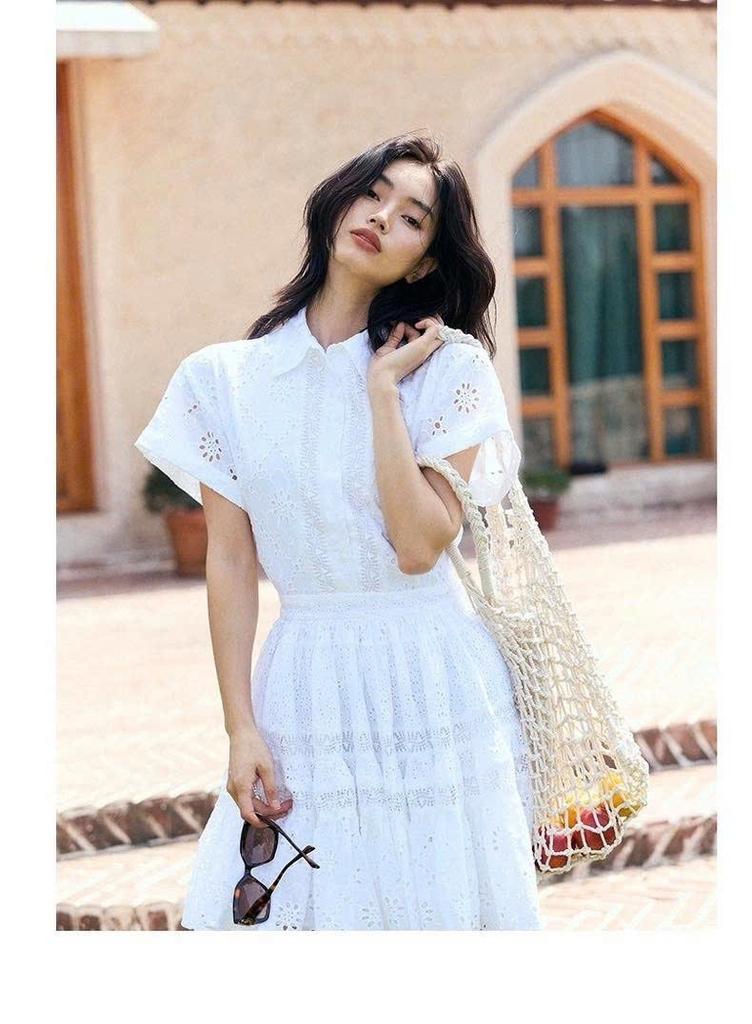 Váy sơ mi Maje trắng cổ đức ren dập dáng ngắn