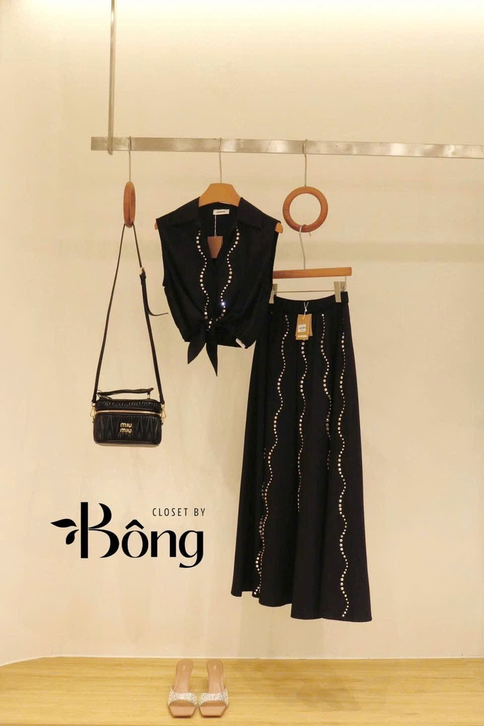 Chân váy midi màu đen đính hạt