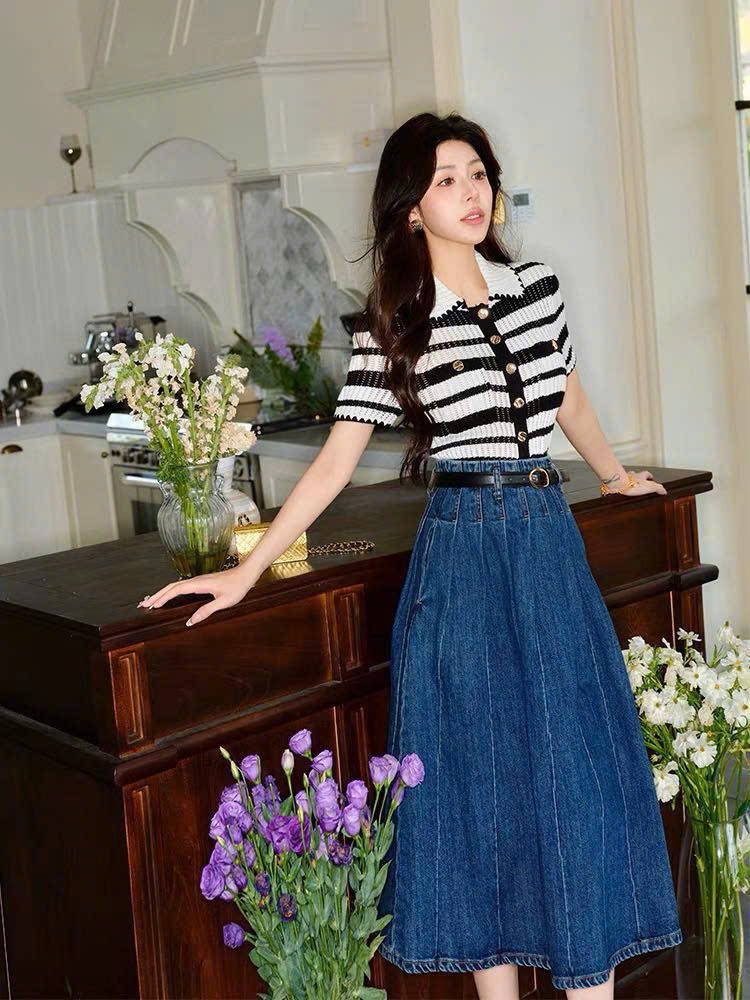 Chân váy Midi Denim xếp ly