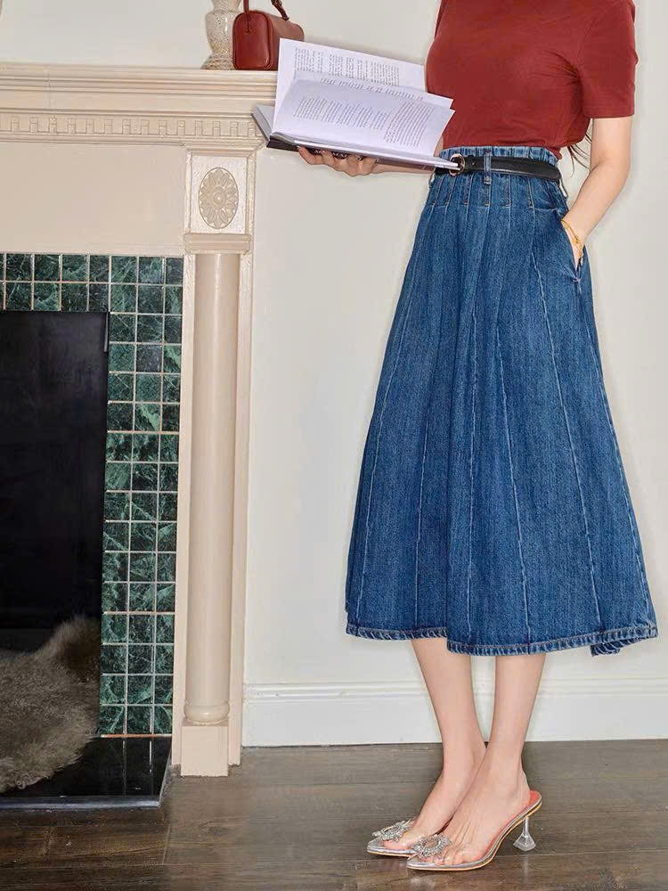 Chân váy Midi Denim xếp ly