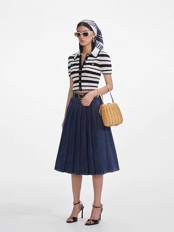 Chân váy Midi Denim xếp ly