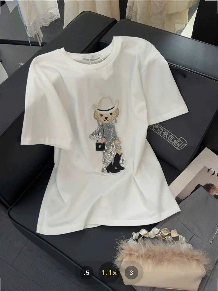 Tshirt Polo RL trắng gấu đính cườm