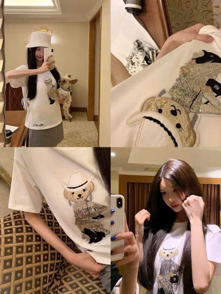 Tshirt Polo RL trắng gấu đính cườm