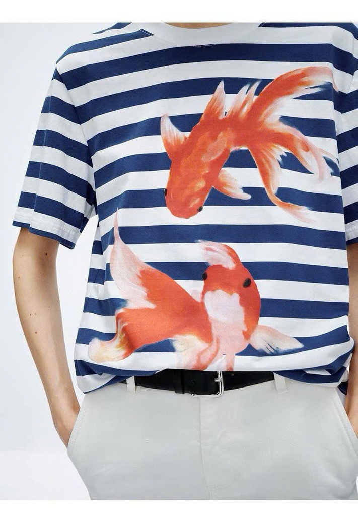 Tshirt EDITION kẻ ngang xanh hoạ tiết cá vàng