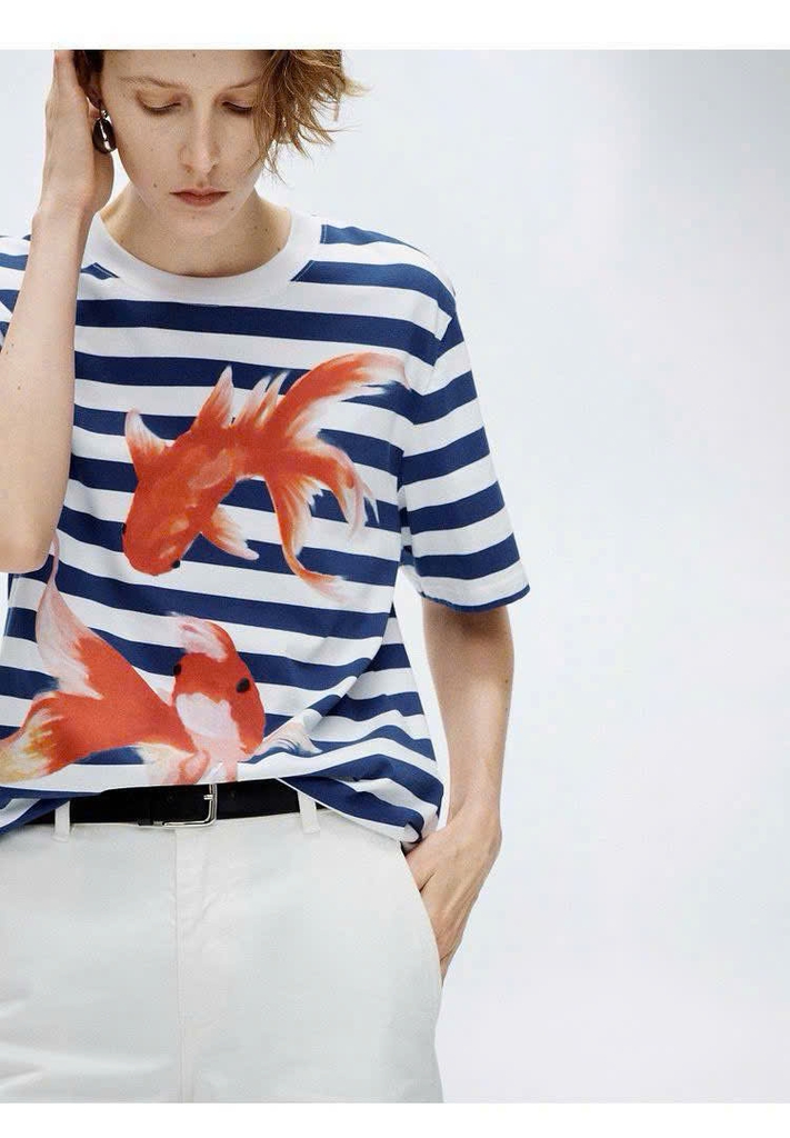 Tshirt EDITION kẻ ngang xanh hoạ tiết cá vàng