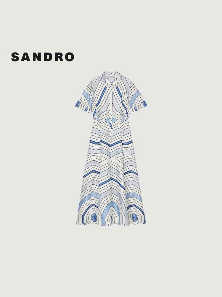 Váy maxi lụa Sandro cổ đức họa tiết xoắn ốc