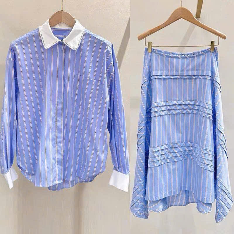 Chân váy midi Maje kẻ trắng xanh xếp tầng