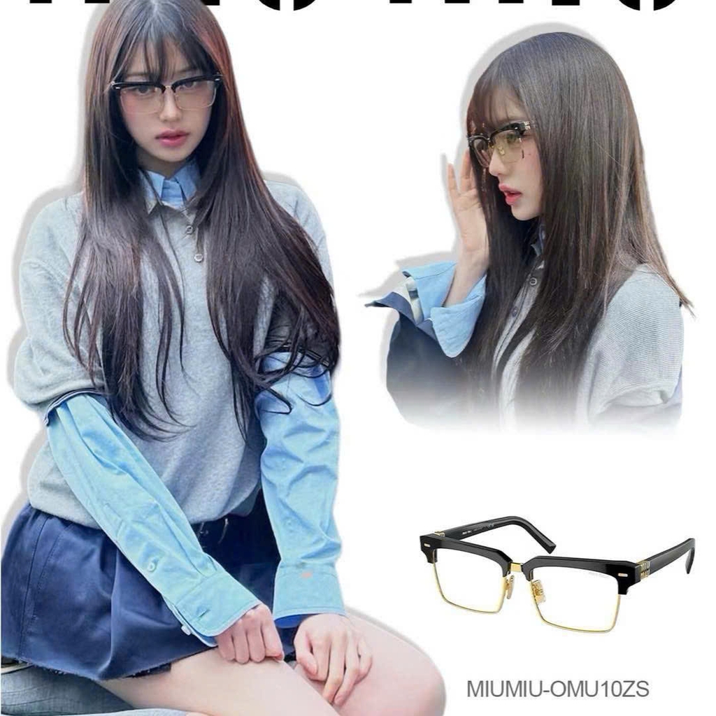 Kính Miumiu gọng vuông mắt đen viền vàng Sz54