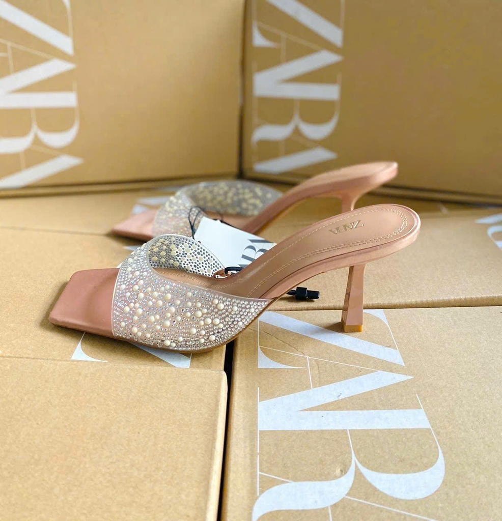 Guốc Zara quai trong bling nhũ bạc