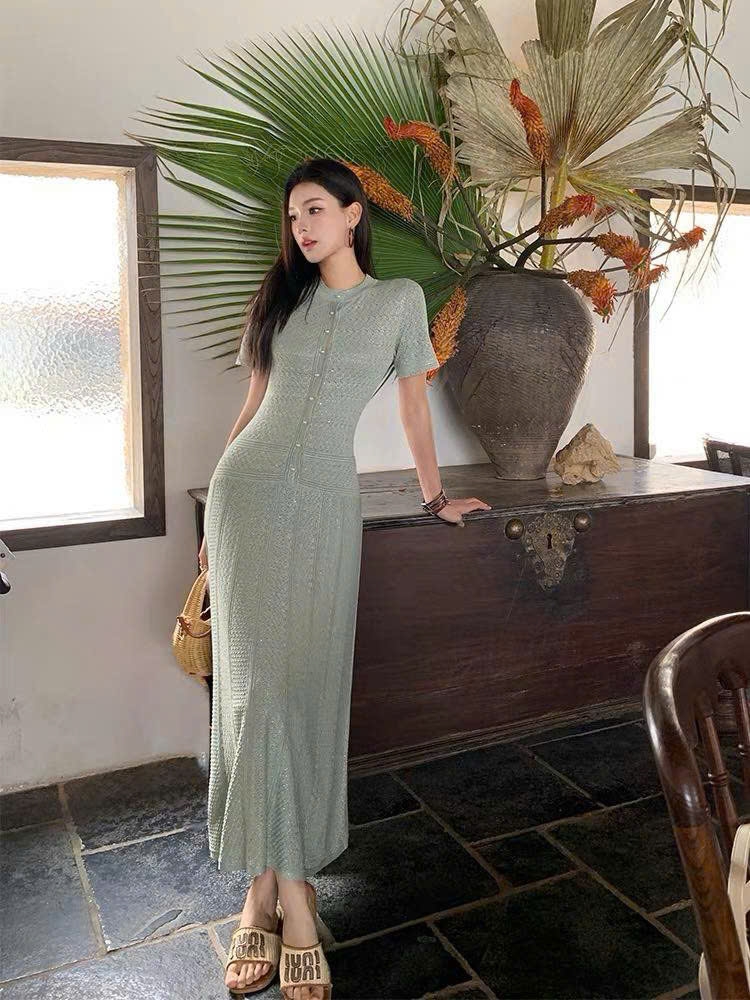 Váy Sandro maxi màu xanh ánh kim tuyến