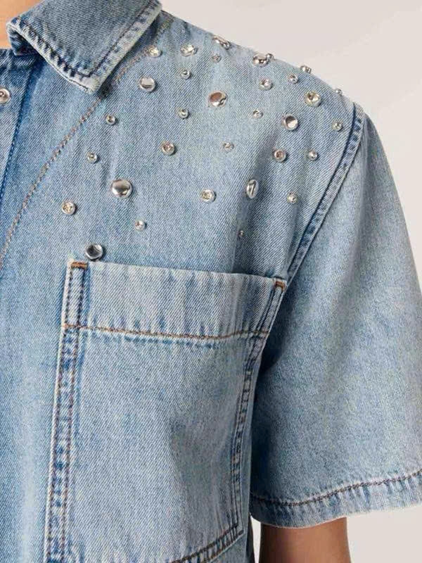 Áo denim Maje ngắn tay đính hạt bling