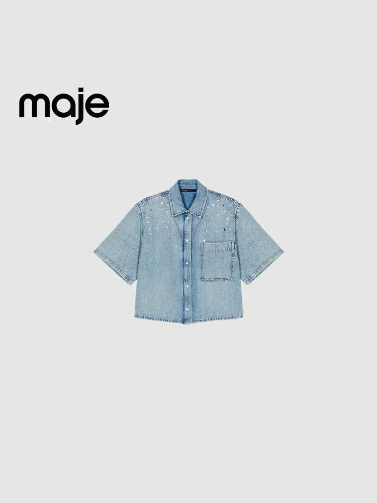 Áo denim Maje ngắn tay đính hạt bling