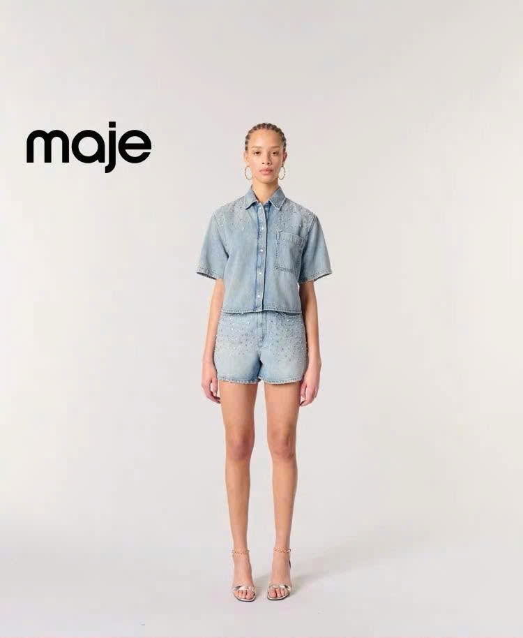 Áo denim Maje ngắn tay đính hạt bling