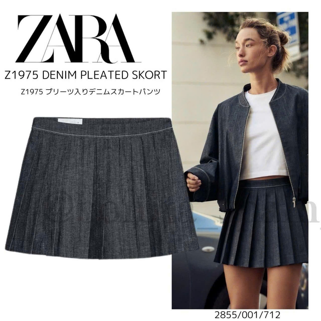 Chân váy xếp ly ngắn Zara denim