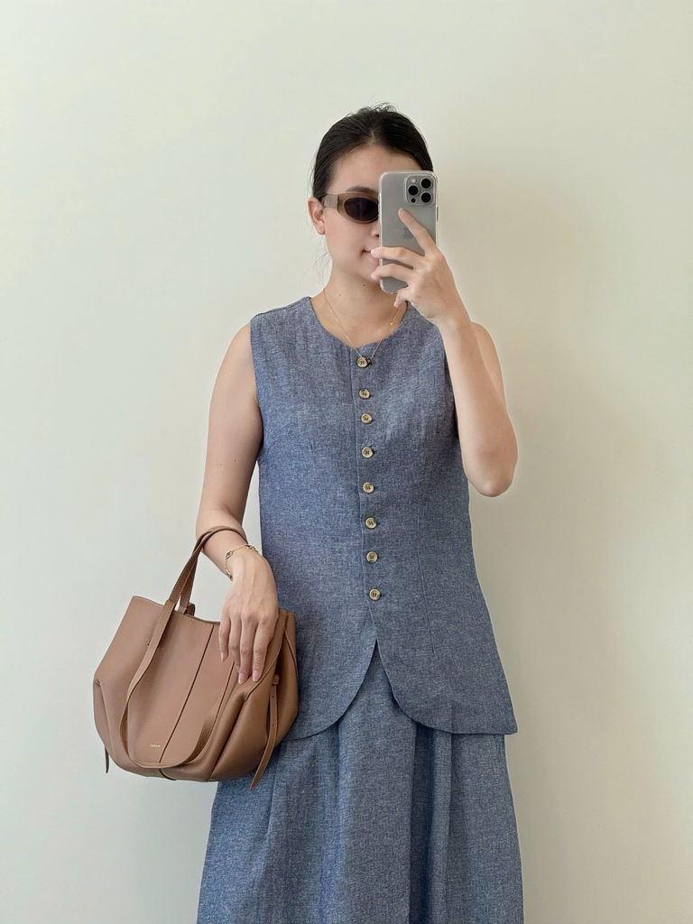 Set đũi Massimo Dutti muối tiêu xanh denim áo gile
