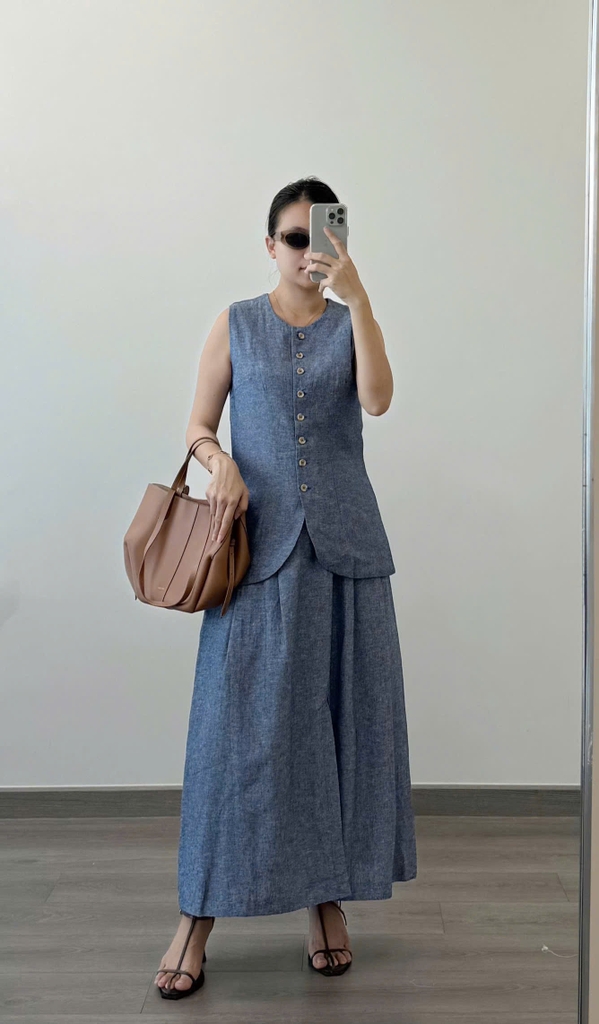 Set đũi Massimo Dutti muối tiêu xanh denim áo gile